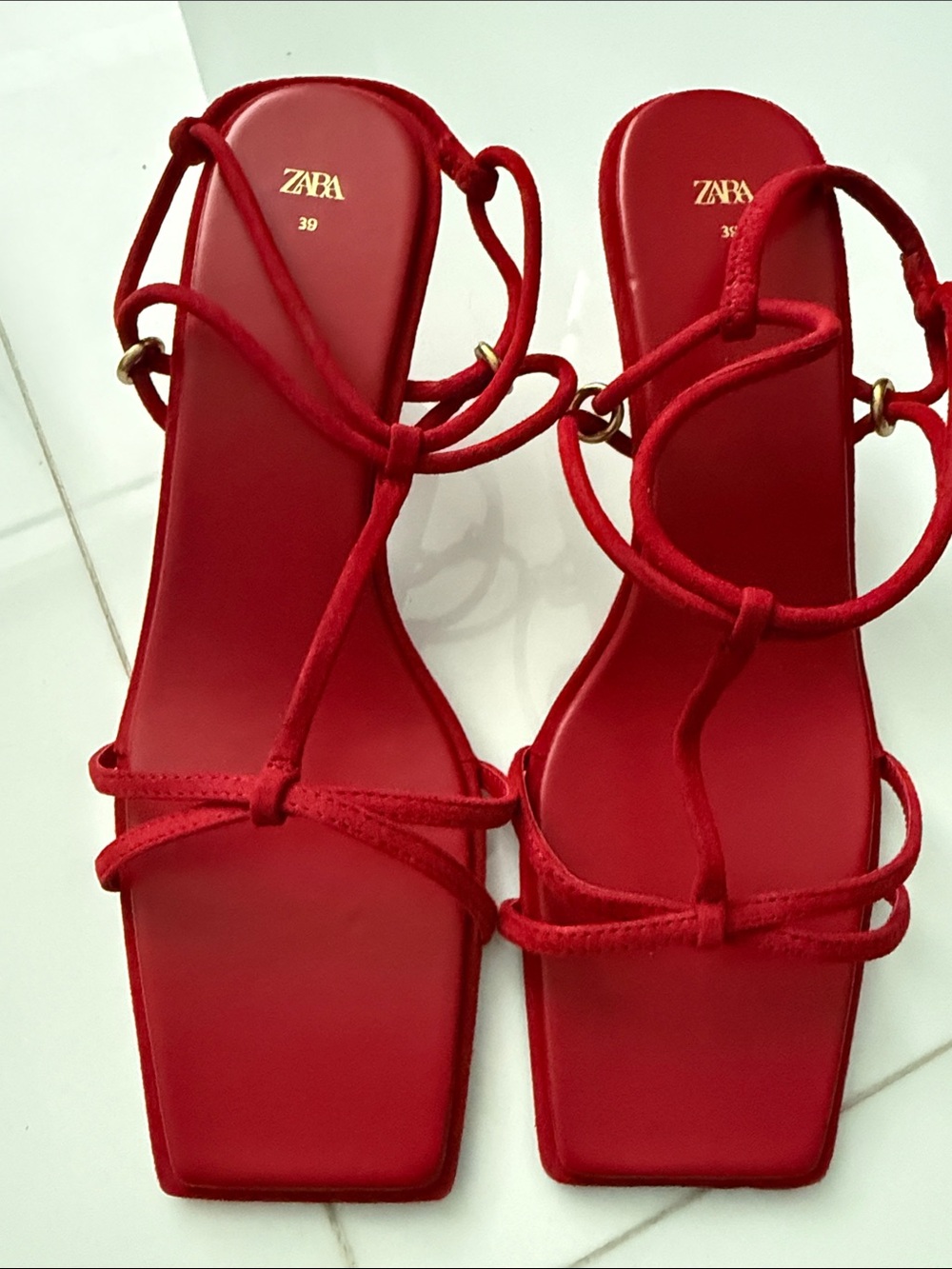 ZARA Red Strappy Square-Toe Wrap Sandals